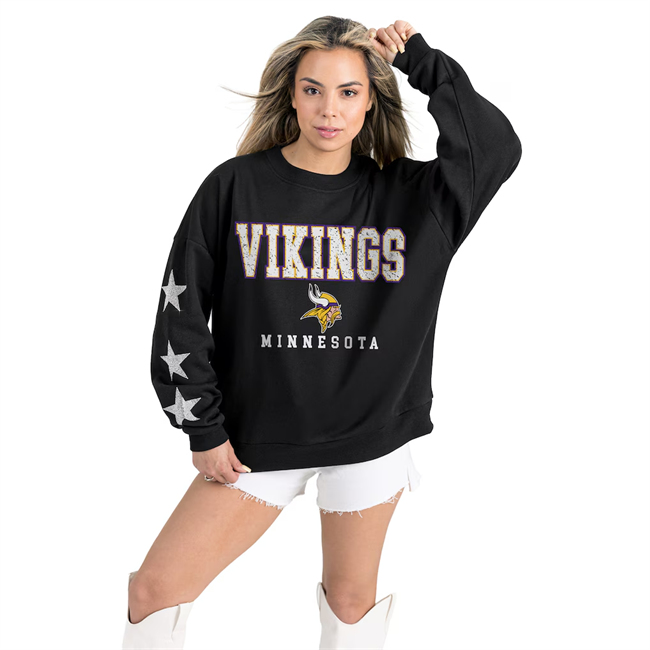 Women's Minnesota Vikings Gameday Couture Black Velocity Relaxed Rhinestone Pullover Sweatshirt(Run Small)
